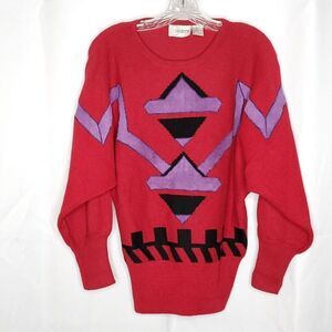 Vintage 80s Retro Geometric Sweater M Red Purple Suede Patches Streetwear